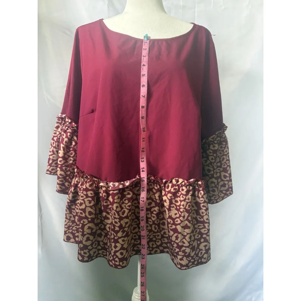 Peplum Flowy Red Blouse Leopard Print Boho Ruffle Hem Short Sleeve Plus Size